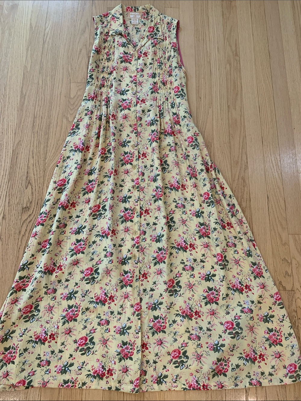 April Cornell Vintage Floral Maxi Dress ‘90s Cottagecore Butter Yellow Pink